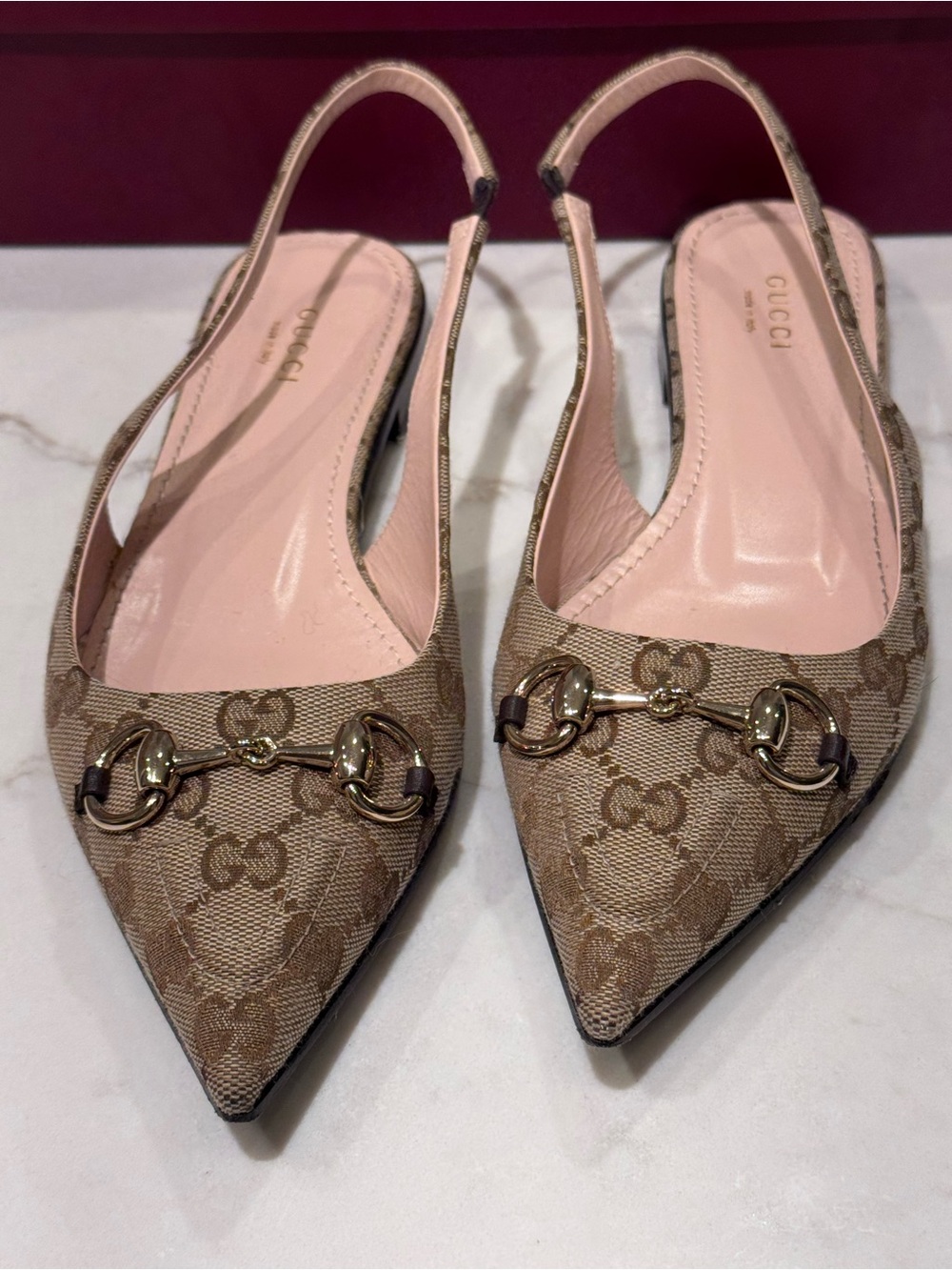 Gucci Beige GG Canvas Pointed-Toe Slingback Flats with Horsebit - Picture 3 of 10